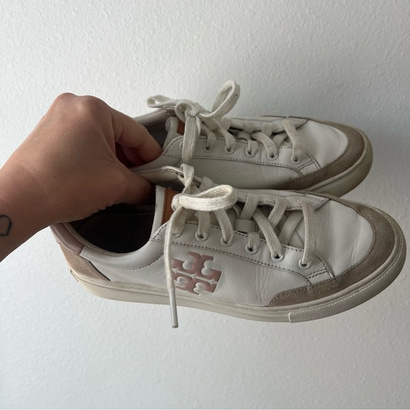 TORY BURCH | Color Block Signature T-Logo Leather Sneakers Pink | 7.5 - Picture 2 of 8